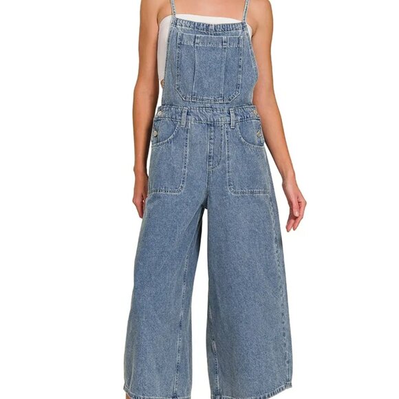 Zenana Denim Medium Washed Wide Leg Overalls - Picture 3 of 15
